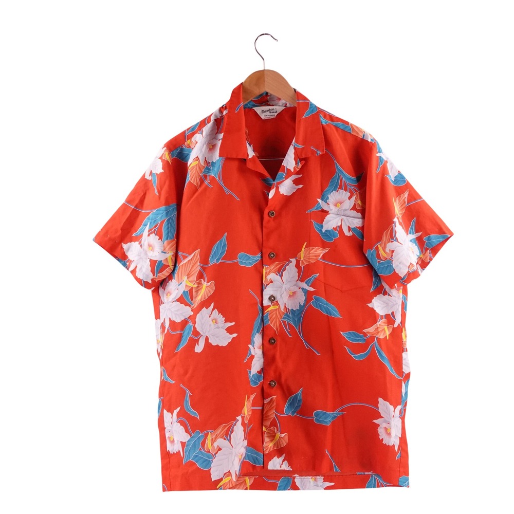 Paradise Hawaii Mens Large Red Floral Aloha Shirt Short Sleeve Honolulu Made